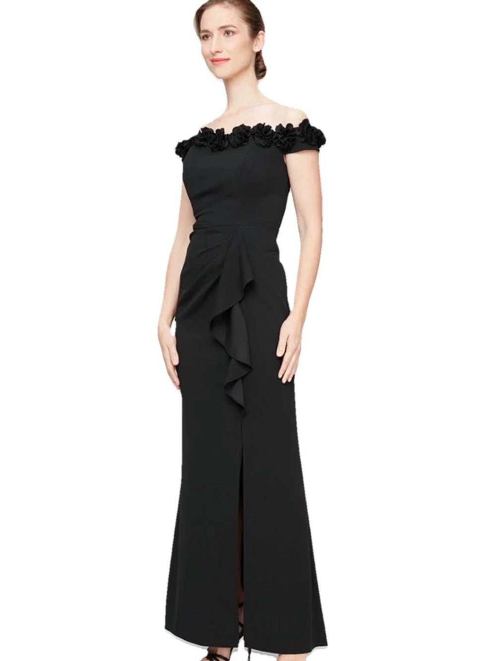 Jeanne Alexander By Alex Evenings  Size 6 Black Off The Shoulder Dress 3D Flower